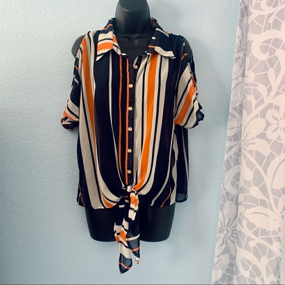 Papaya Striped Short Sleeve Cold Shoulder Tie Waist Blouse Size Medium